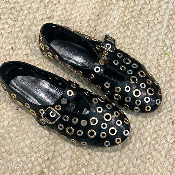 Jeffrey Campbell Shoes - Jeffrey Campbell Black Grommet Mary Jane Flats - Leather Buckle Velcro Strap